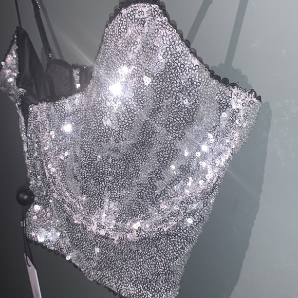 For Love & Lemons Sequin Glitter Silver Bustier Crop Top New With Tags NWT Large - Picture 8 of 16